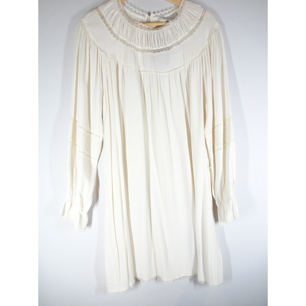 WAYF Victorian Mini Dress Womens Medium Cream Lace Trim Pintuck Cottagecore Boho